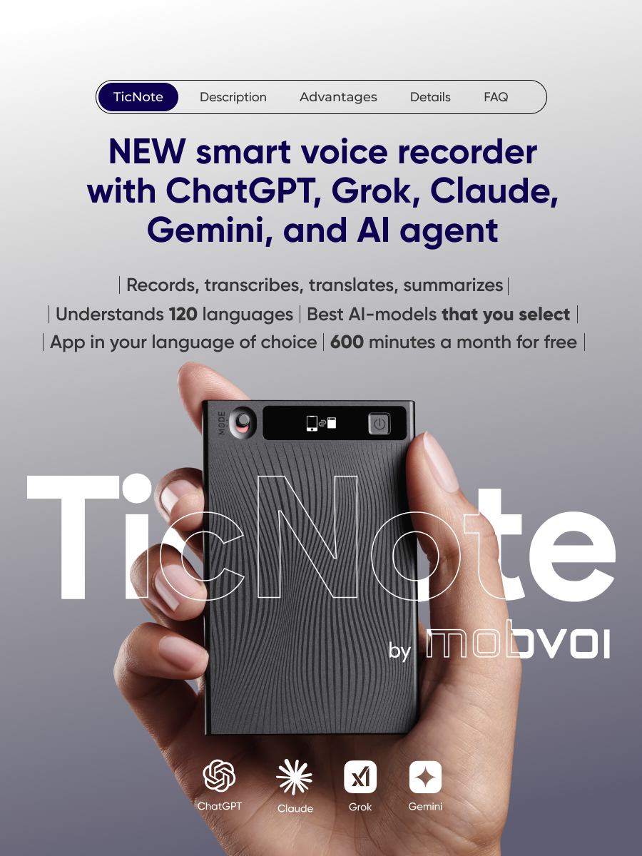 Intelligent voice recorder TicNote with AI agent, ChatGPT, Gemini, Claude and Grok