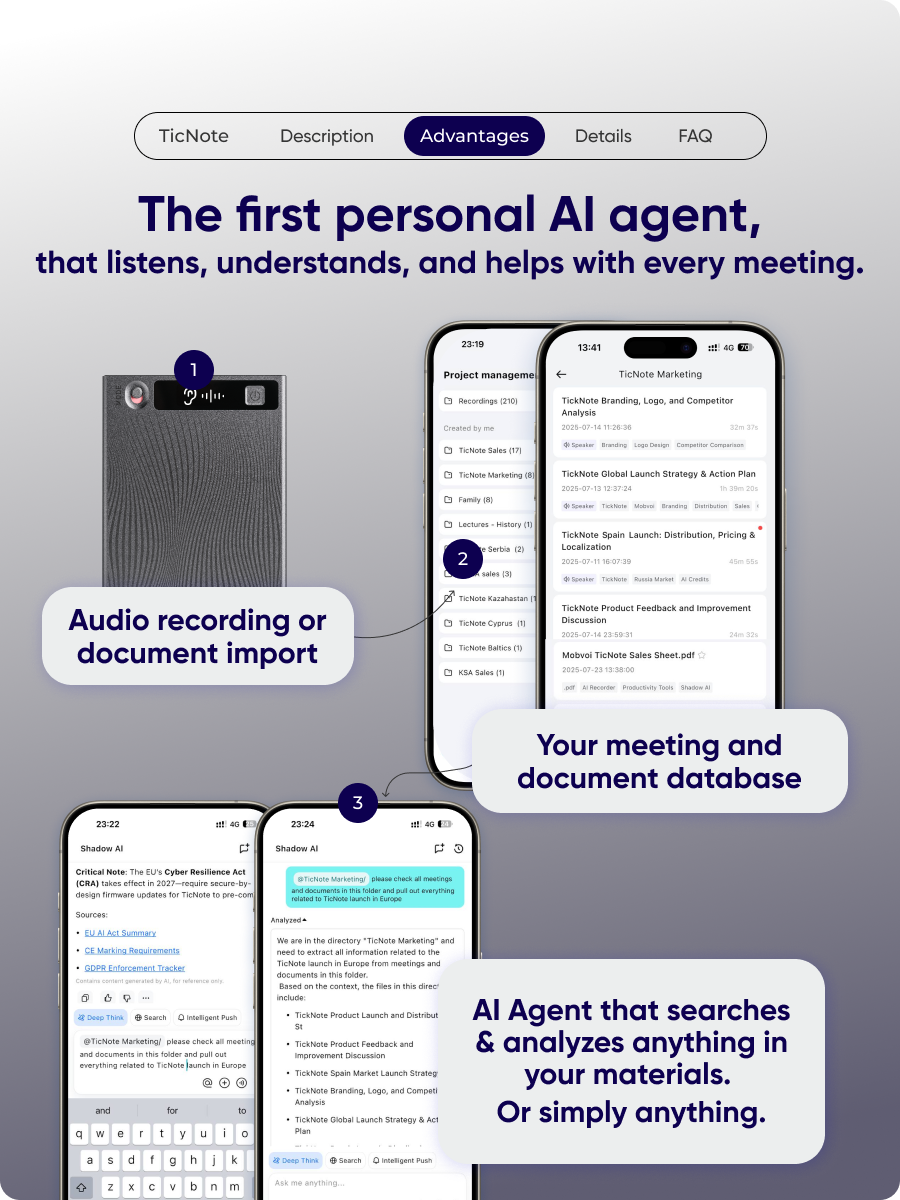 Intelligent voice recorder TicNote with AI agent, ChatGPT, Gemini, Claude and Grok