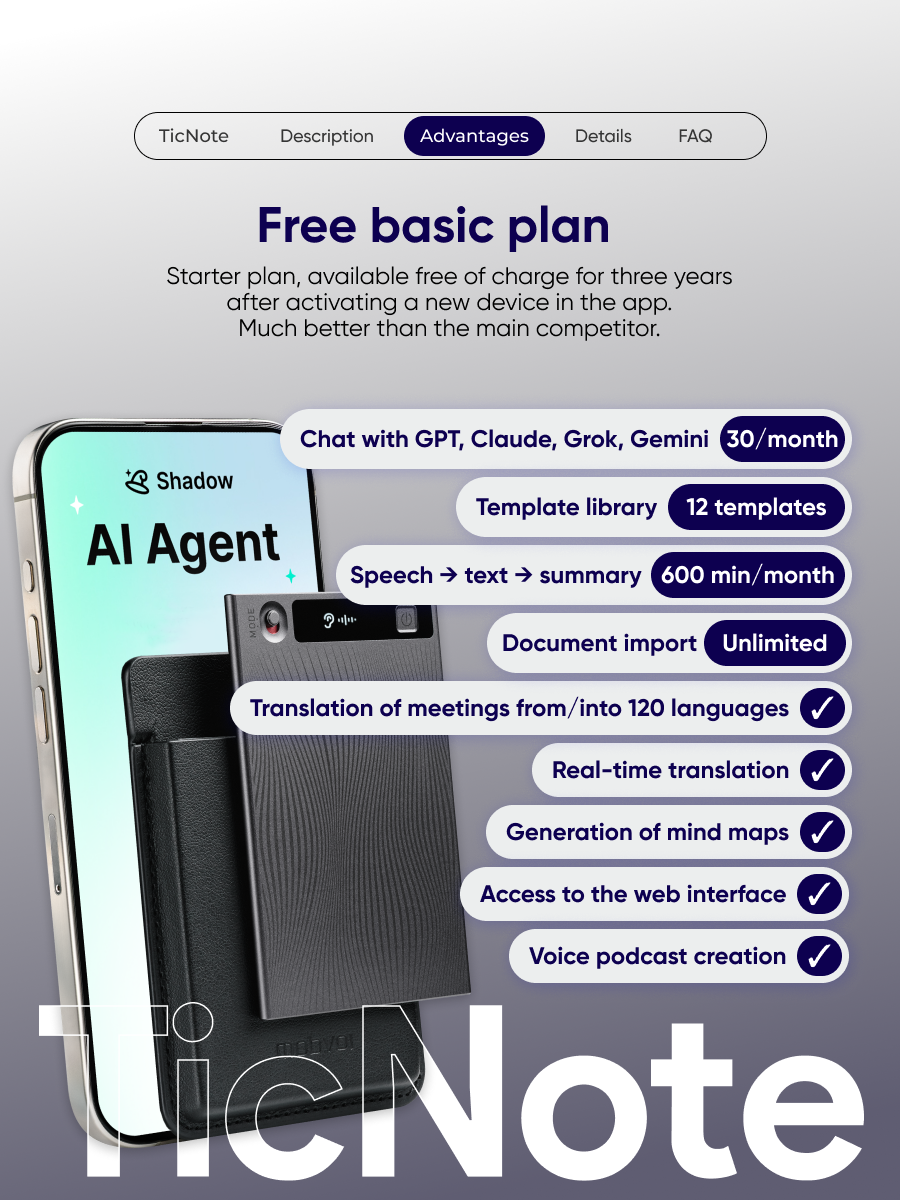 Intelligent voice recorder TicNote with AI agent, ChatGPT, Gemini, Claude and Grok