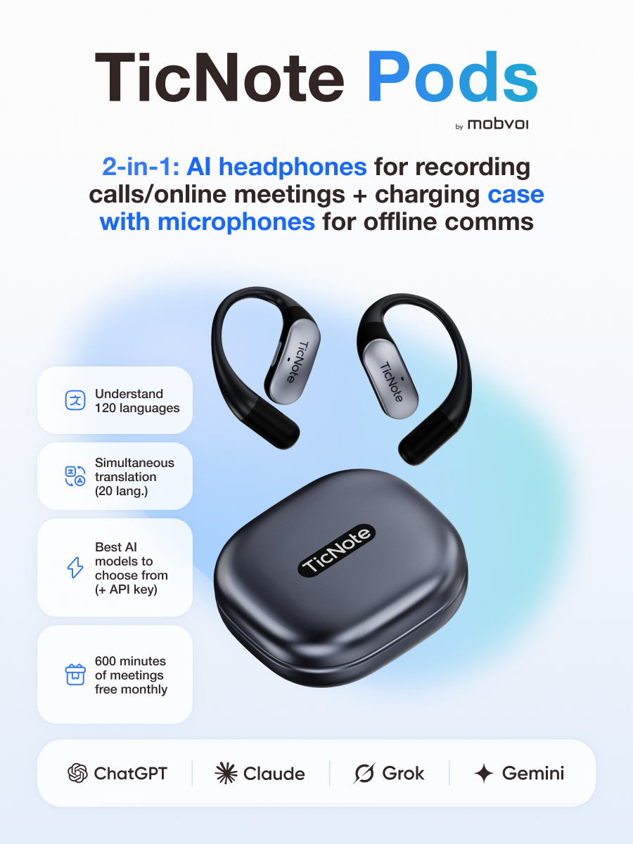 TicNote Pods WiFi (Grey Asphalt) AI-powered open-ear recording headset + charging case with microphones for effective note-taking in all types of communications