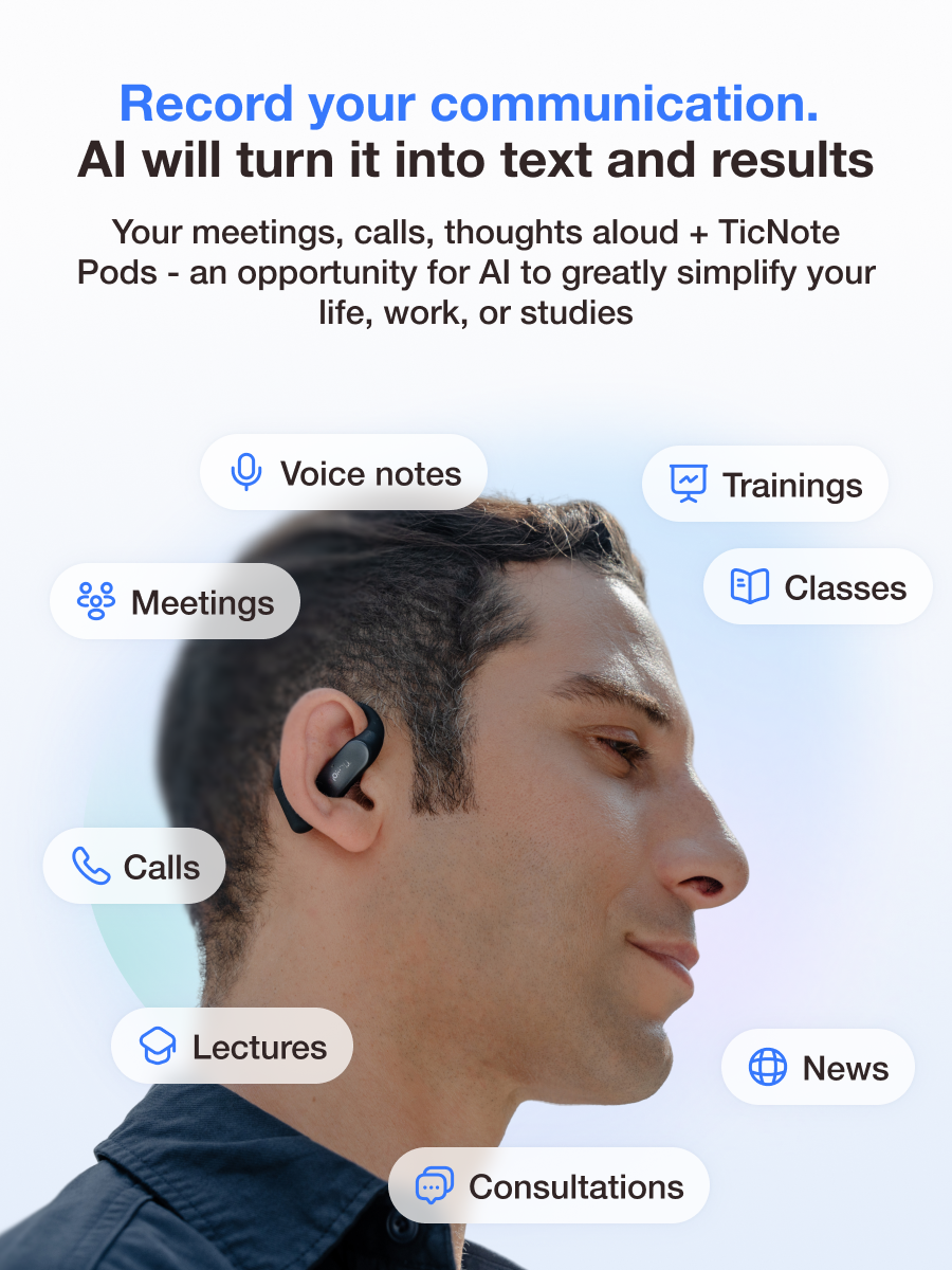 TicNote Pods WiFi (Grey Asphalt) AI-powered open-ear recording headset + charging case with microphones for effective note-taking in all types of communications