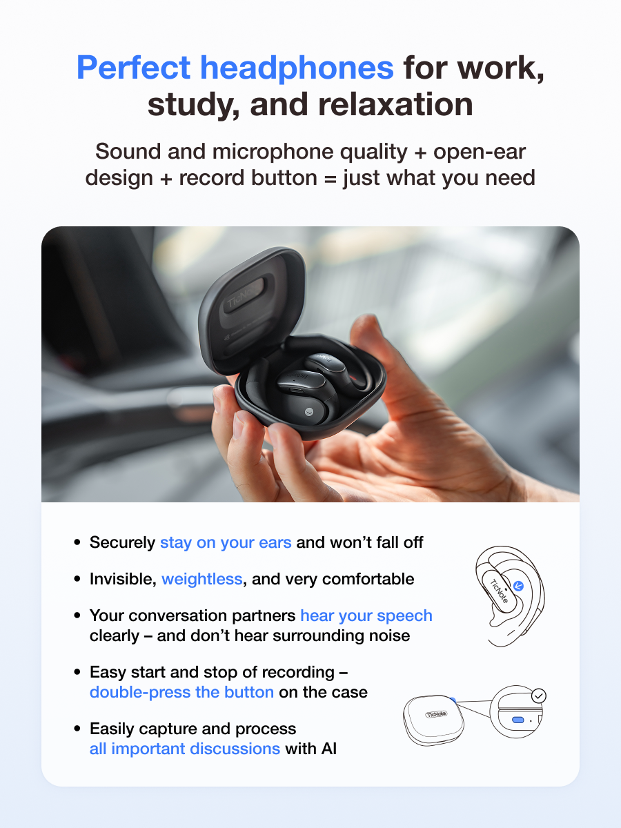 TicNote Pods WiFi (Grey Asphalt) AI-powered open-ear recording headset + charging case with microphones for effective note-taking in all types of communications