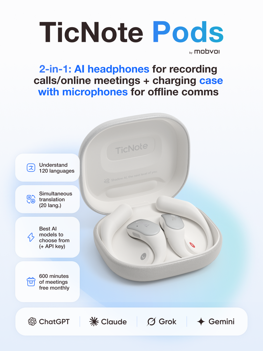 TicNote Pods WiFi (Pearl White) AI-powered open-ear recording headset + charging case with microphones for effective note-taking in all types of communications