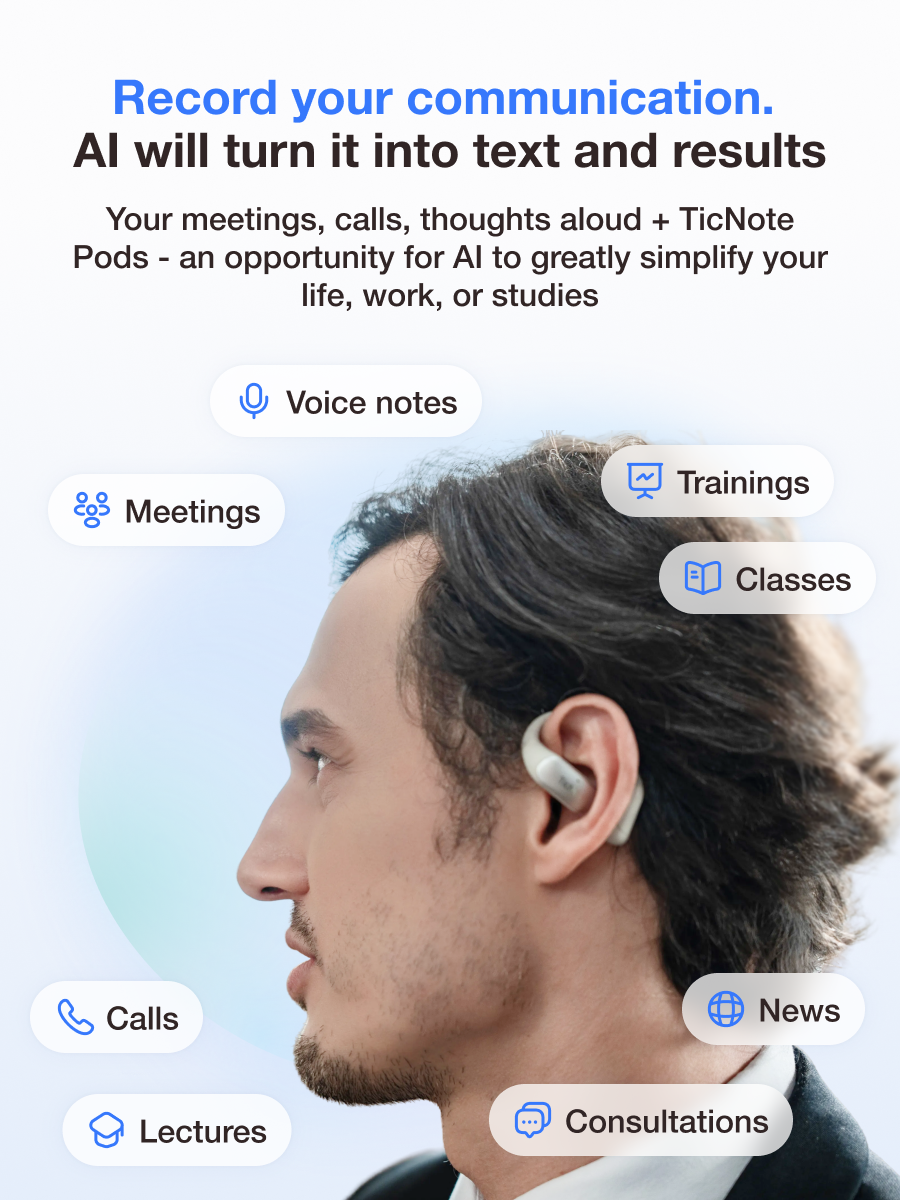 TicNote Pods WiFi (Pearl White) AI-powered open-ear recording headset + charging case with microphones for effective note-taking in all types of communications