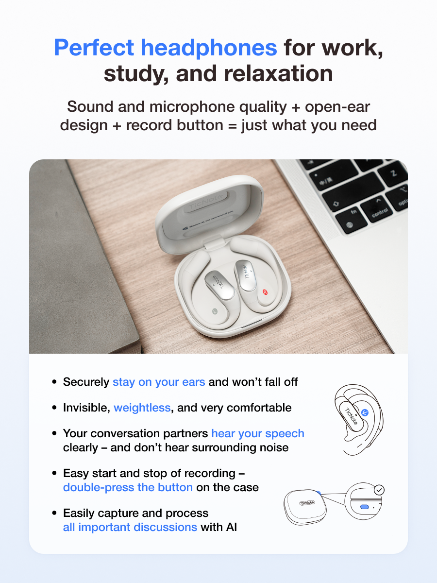TicNote Pods WiFi (Pearl White) AI-powered open-ear recording headset + charging case with microphones for effective note-taking in all types of communications
