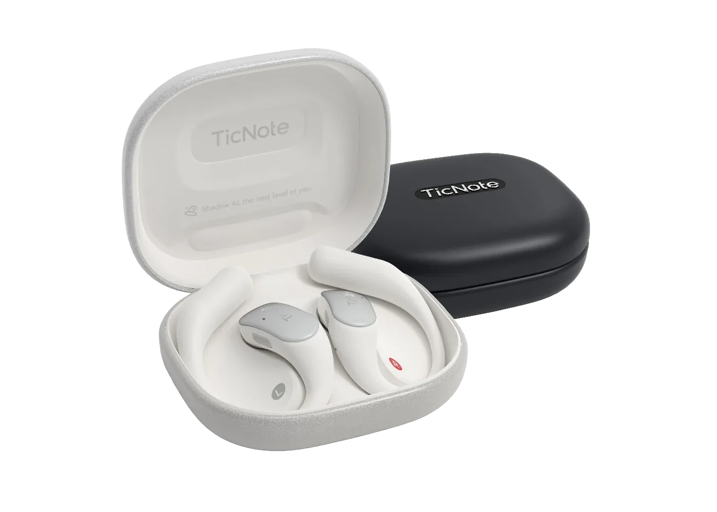TicNote Pods open-ear earbuds in their white charging case, next to the black case