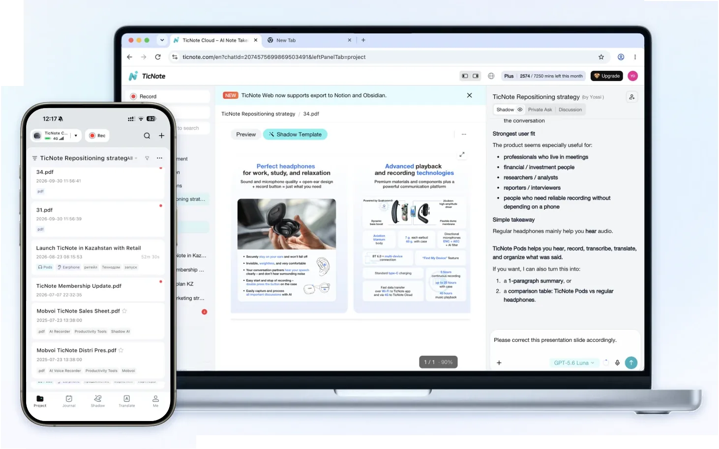 TicNote Web open in a browser on a laptop, next to the TicNote app on a phone