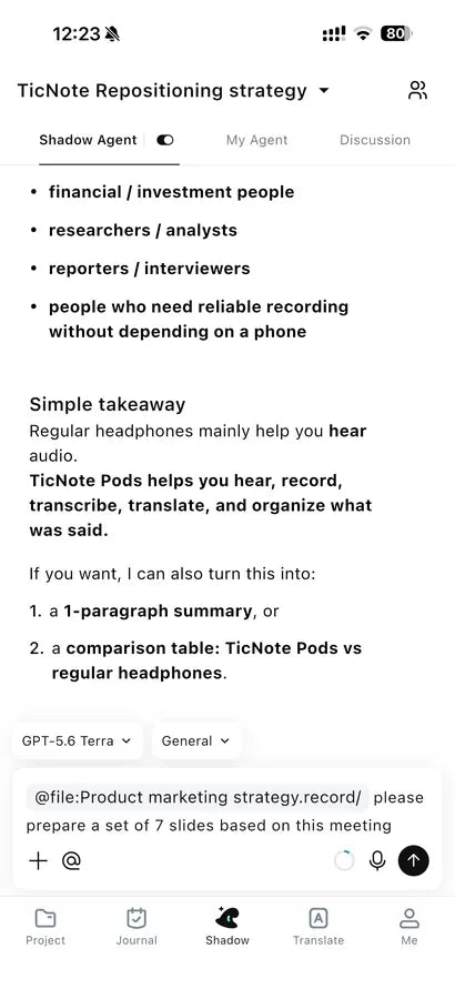 A Shadow AI chat about a meeting in the TicNote mobile app