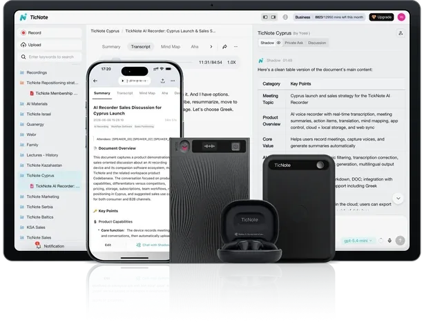 The TicNote app on a laptop and a phone, next to TicNote voice recorders and TicNote Pods earbuds in their case