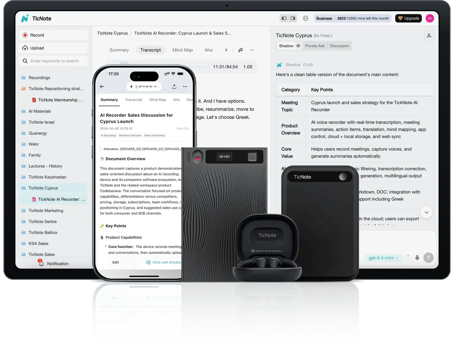 The TicNote app on a laptop and a phone, next to TicNote voice recorders and TicNote Pods earbuds in their case